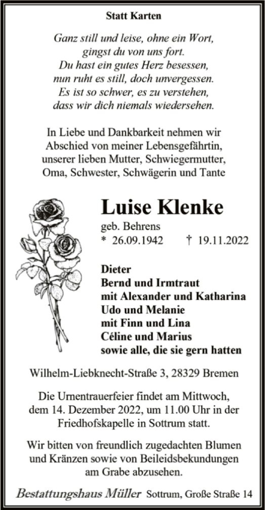 Traueranzeige von Luise Klenke von SYK