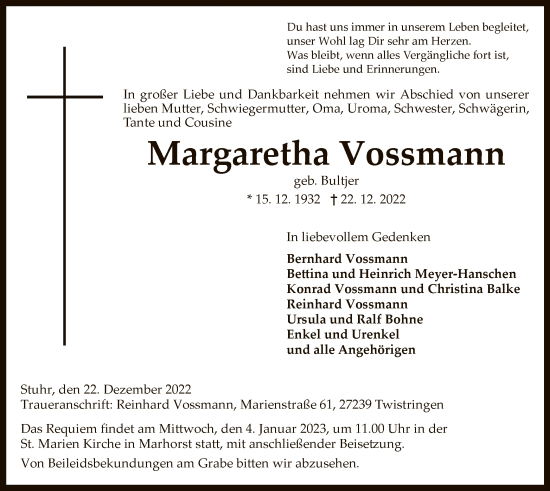 Traueranzeige von Margaretha Vossmann von SYK