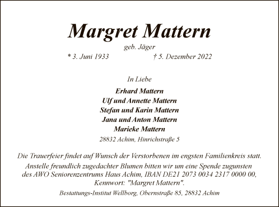 Traueranzeige von Margret Mattern von SYK