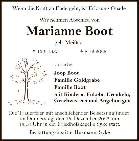 Traueranzeige von Marianne Boot von SYK