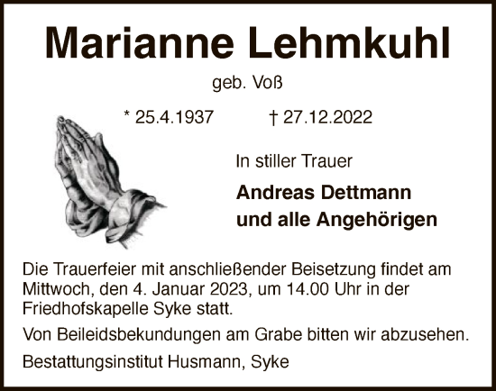 Traueranzeige von Marianne Lehmkuhl von SYK