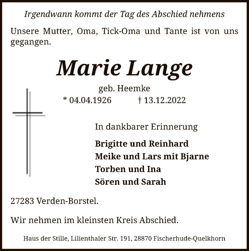  Traueranzeige für Marie Lange vom 28.12.2022 aus SYK