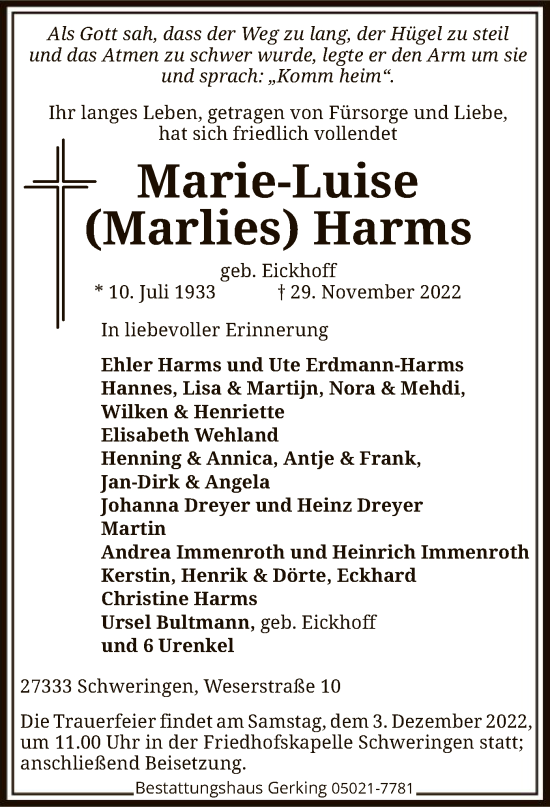 Traueranzeige von Marie-Luise Harms von SYK