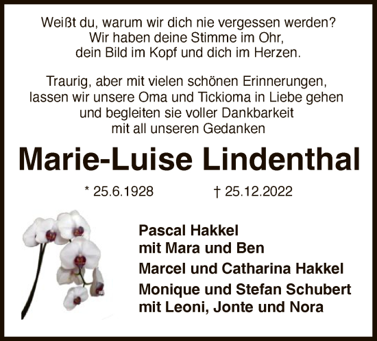 Traueranzeige von Marie-Luise Lindenthal von SYK