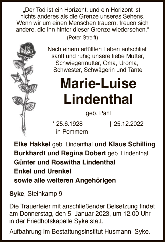 Traueranzeige von Marie-Luise Lindenthal von SYK