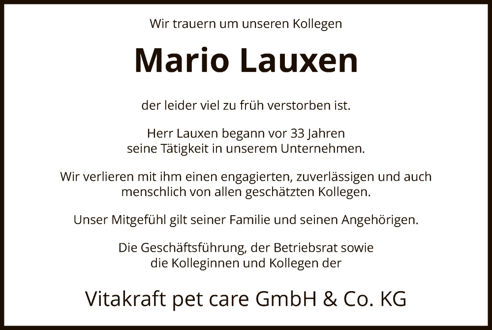  Traueranzeige für Mario Lauxen vom 21.12.2022 aus SYK