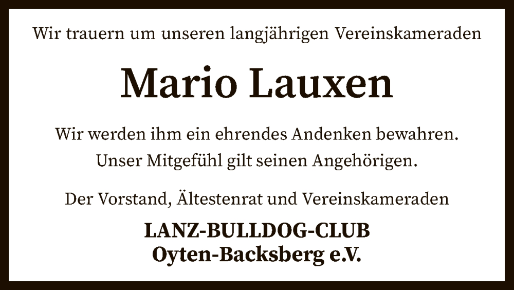  Traueranzeige für Mario Lauxen vom 17.12.2022 aus SYK