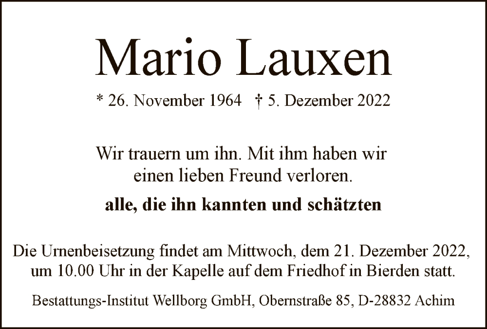  Traueranzeige für Mario Lauxen vom 17.12.2022 aus SYK