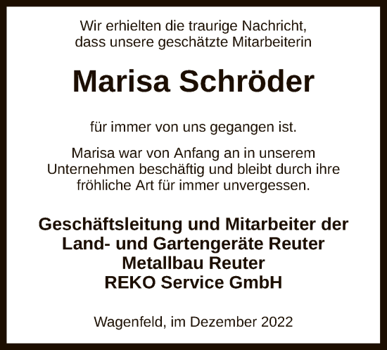 Traueranzeige von Marisa Schröder von SYK