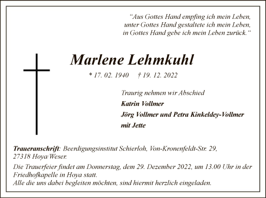 Traueranzeige von Marlene Lehmkuhl von SYK