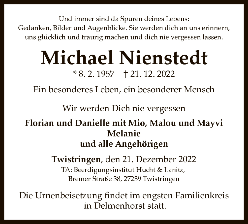  Traueranzeige für Michael Nienstedt vom 28.12.2022 aus SYK