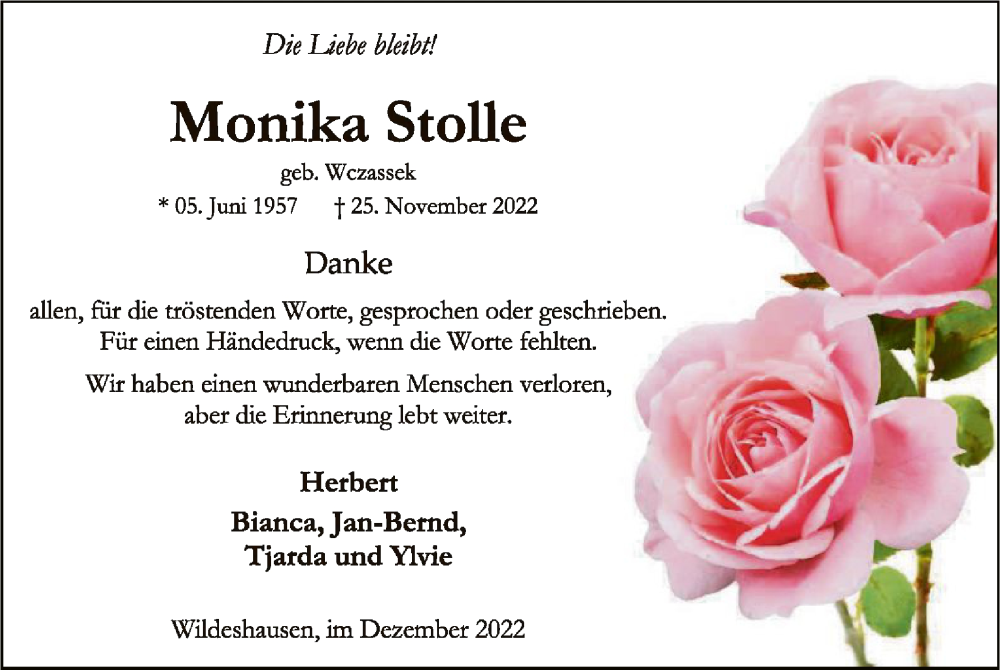  Traueranzeige für Monika Stolle vom 30.12.2022 aus SYK
