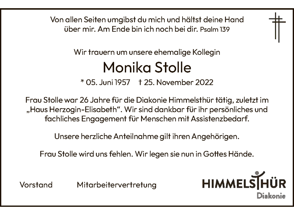  Traueranzeige für Monika Stolle vom 10.12.2022 aus SYK