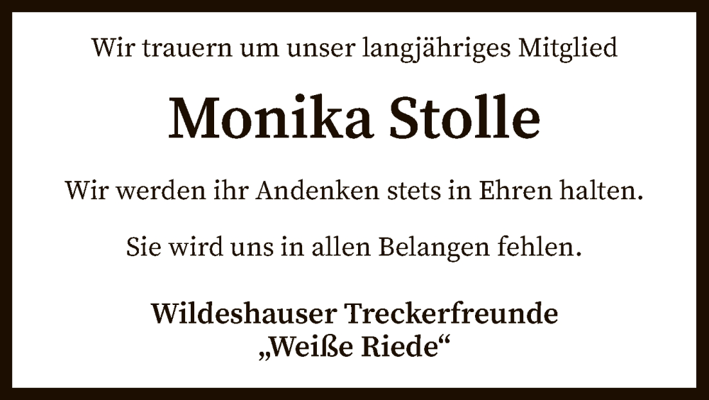  Traueranzeige für Monika Stolle vom 03.12.2022 aus SYK