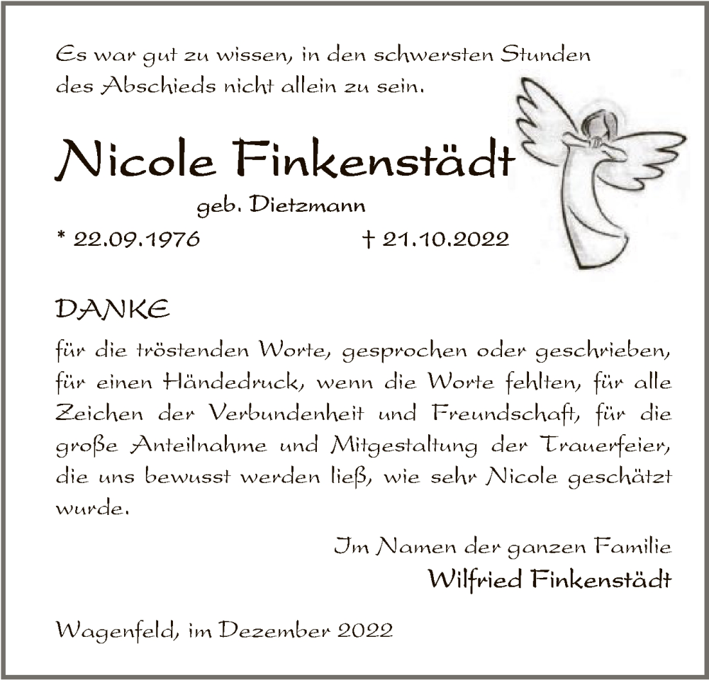  Traueranzeige für Nicole Finkenstädt vom 07.12.2022 aus SYK