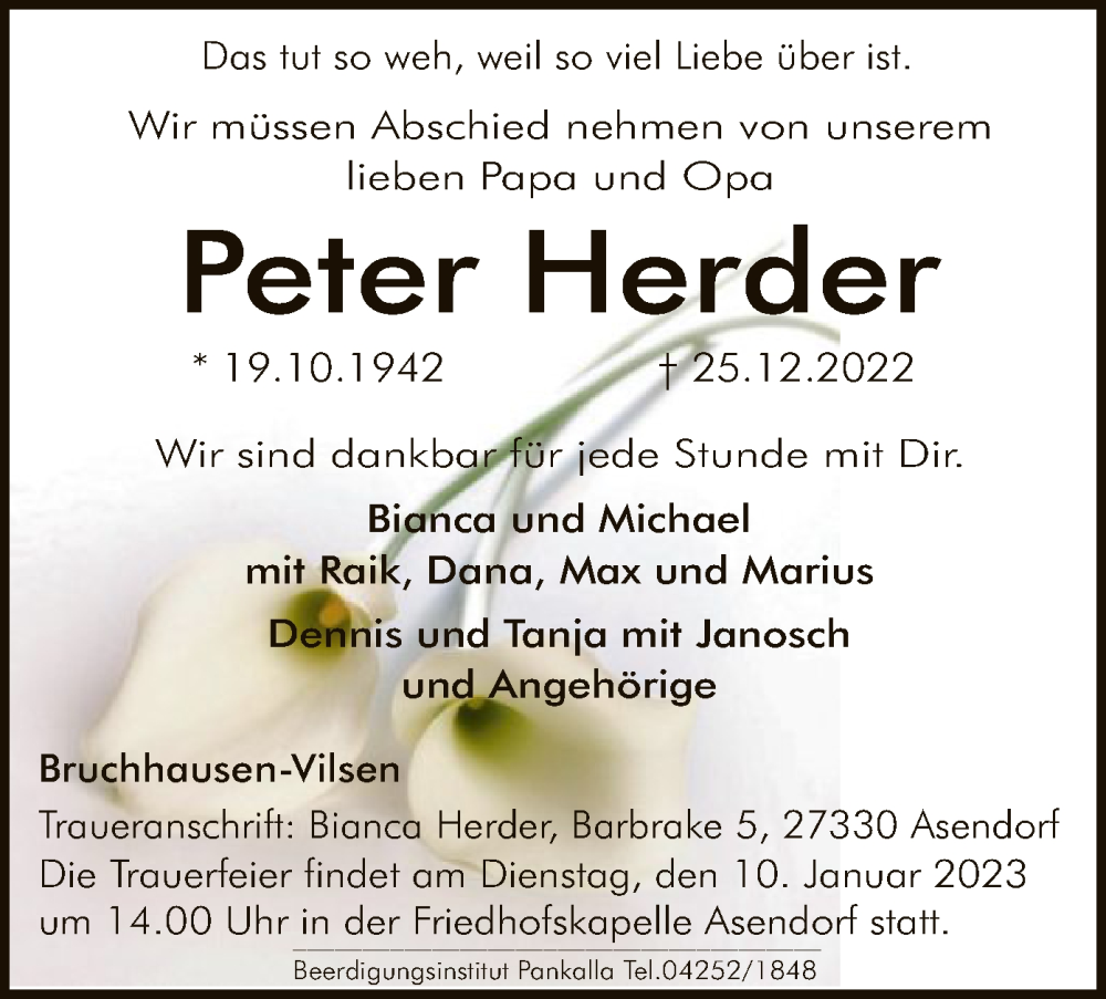  Traueranzeige für Peter Herder vom 28.12.2022 aus SYK