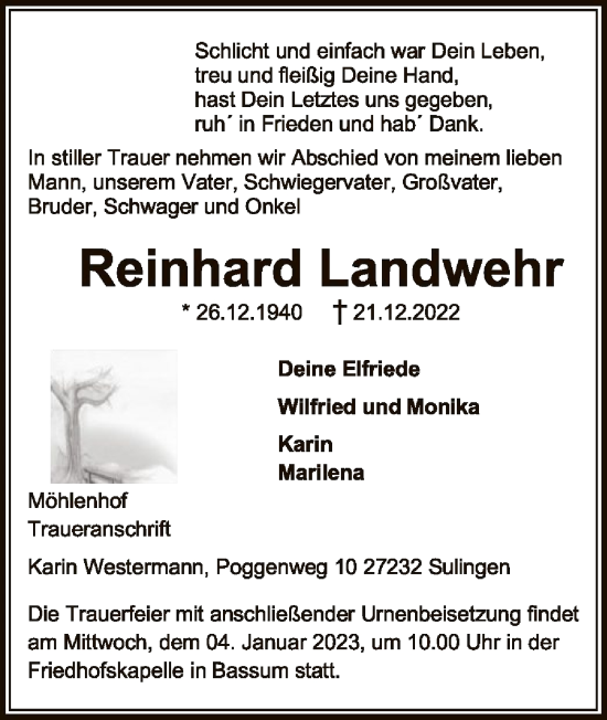 Traueranzeige von Reinhard Landwehr von SYK