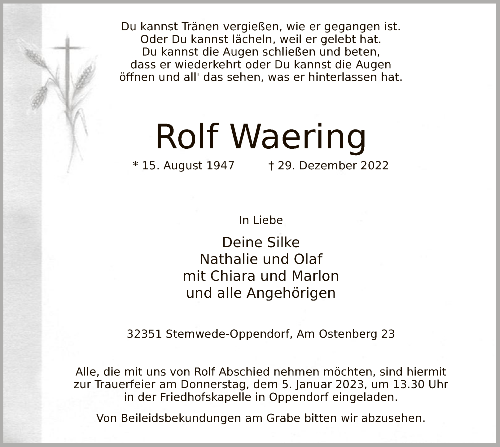  Traueranzeige für Rolf Waering vom 31.12.2022 aus SYK
