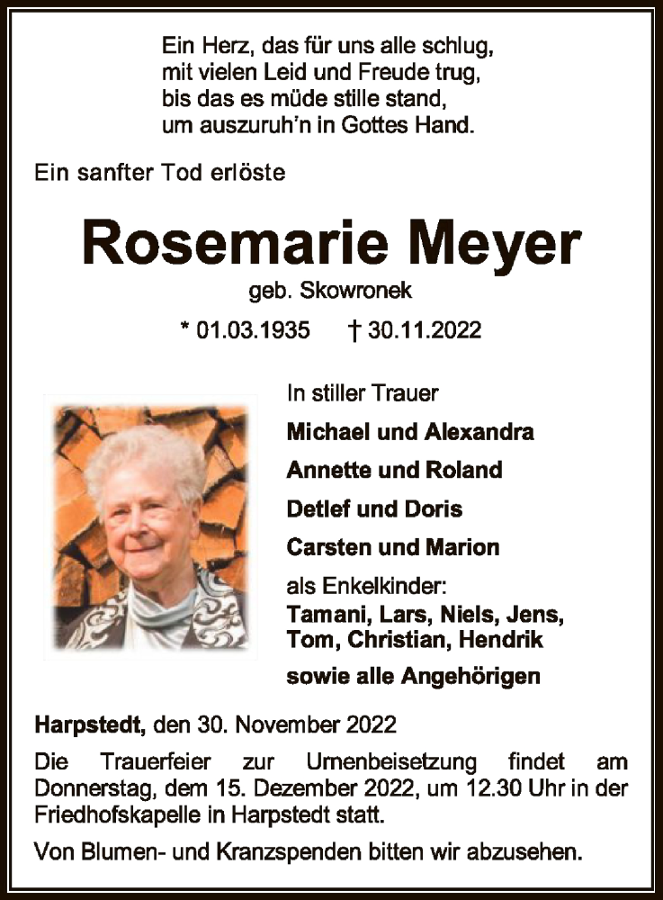 Traueranzeigen von Rosemarie Meyer | trauer.kreiszeitung.de