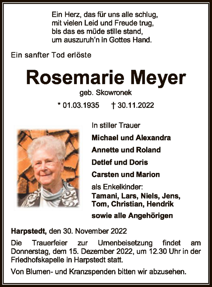  Traueranzeige für Rosemarie Meyer vom 06.12.2022 aus SYK