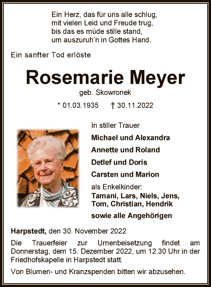  Traueranzeige für Rosemarie Meyer vom 03.12.2022 aus SYK