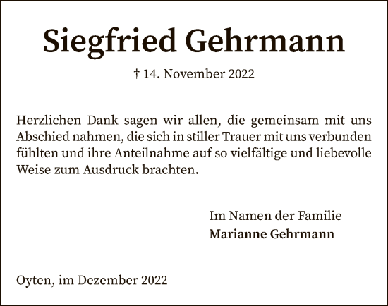 Traueranzeige von Siegfried Gehrmann von SYK