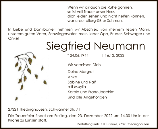 Traueranzeige von Siegfried Neumann von SYK