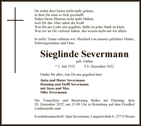 Traueranzeige von Sieglinde Severmann von SYK