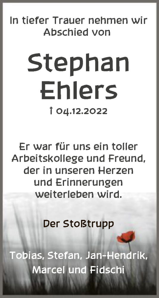 Traueranzeige von Stephan Ehlers von SYK