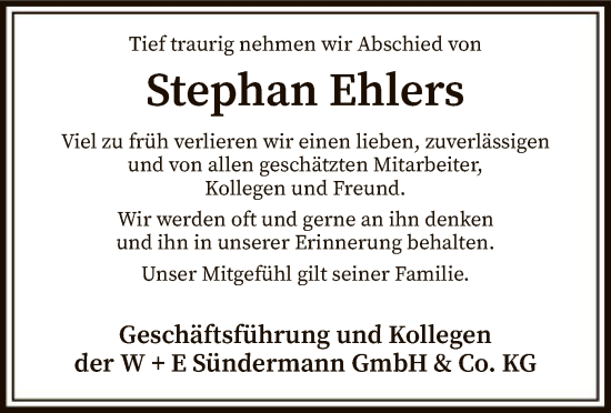 Traueranzeige von Stephan Ehlers von SYK