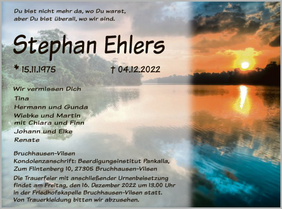 Traueranzeige von Stephan Ehlers von SYK