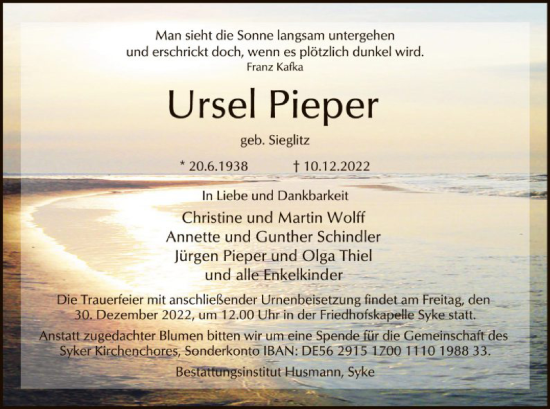 Traueranzeige von Ursel Pieper von SYK