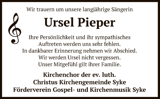 Traueranzeige von Ursel Pieper von SYK