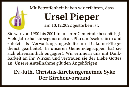 Traueranzeige von Ursel Pieper von SYK