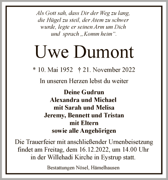 Traueranzeige von Uwe Dumont von SYK