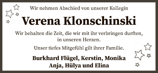 Traueranzeige von Verena Klonschinski von SYK