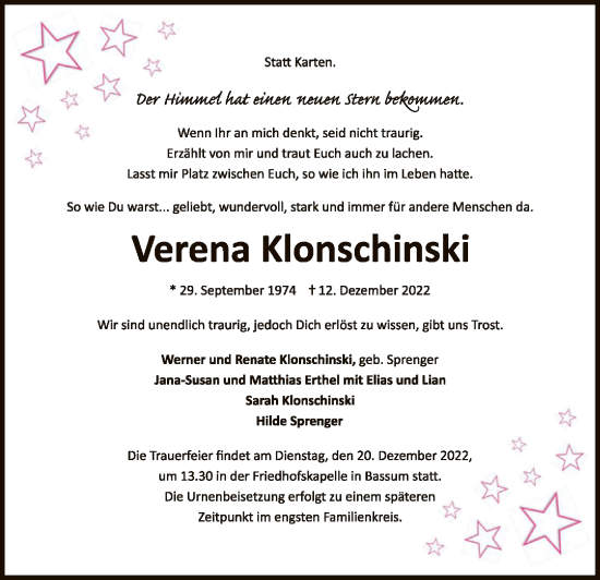 Traueranzeige von Verena Klonschinski von SYK