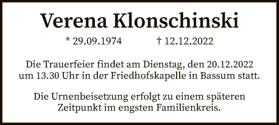 Traueranzeige von Verena Klonschinski von SYK
