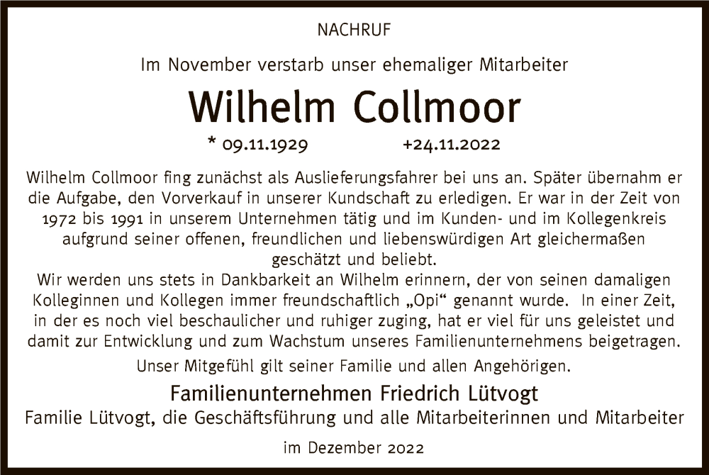  Traueranzeige für Wilhelm Collmoor vom 03.12.2022 aus SYK