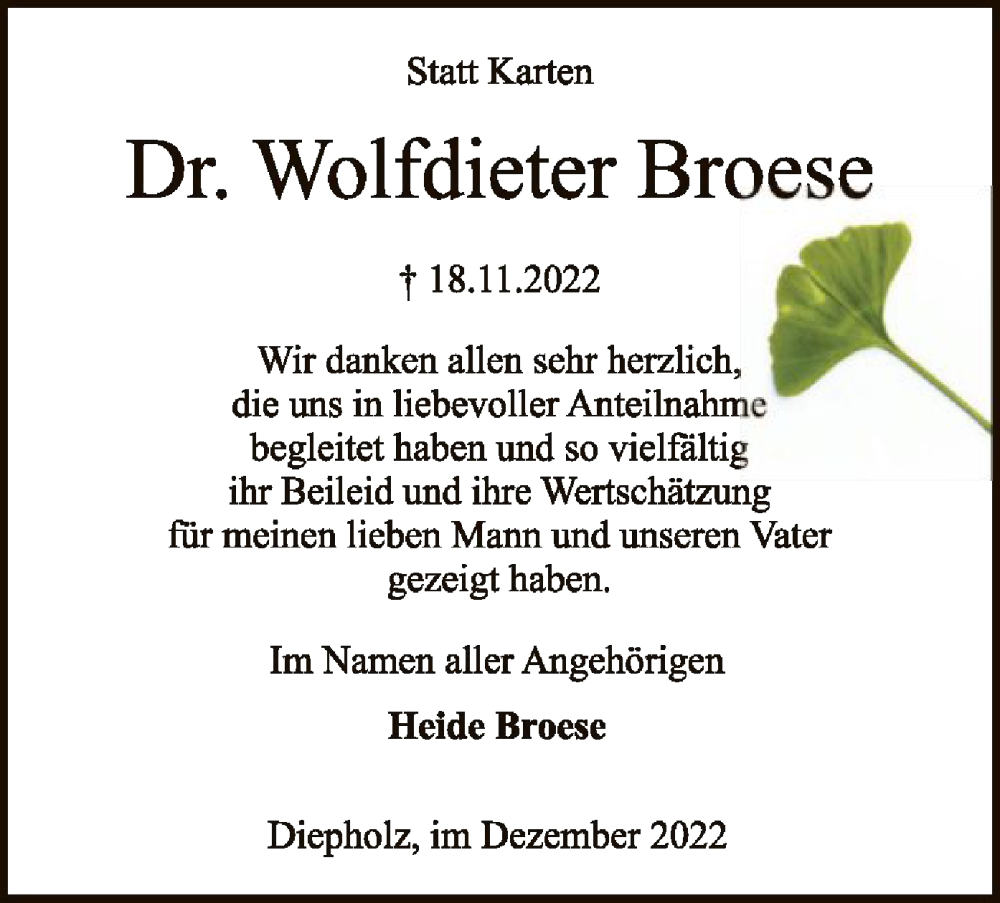  Traueranzeige für Wolfdieter Broese vom 23.12.2022 aus SYK