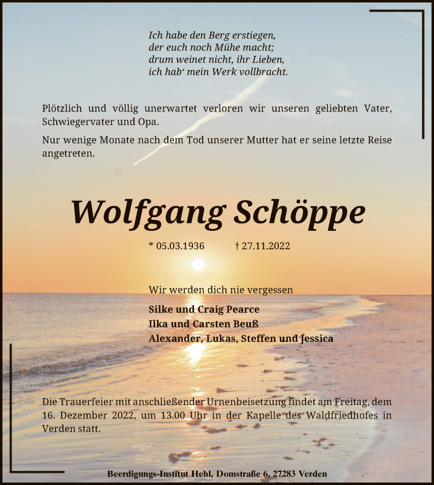  Traueranzeige für Wolfgang Schöppe vom 10.12.2022 aus SYK