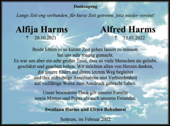 Traueranzeige von Alfija und Alfred Harms von SYK