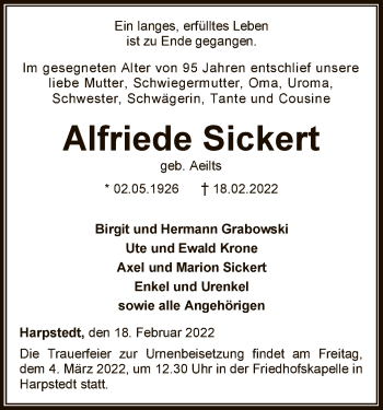 Traueranzeige von Alfriede Sickert von SYK