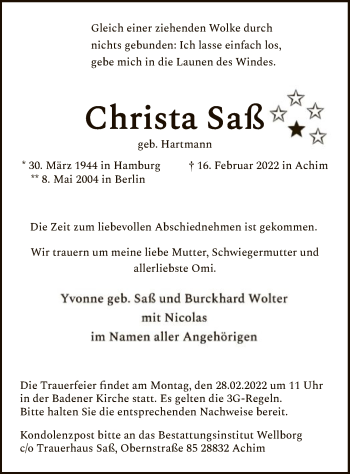 Traueranzeige von Christa Saß von SYK