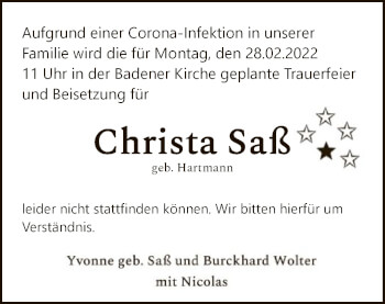 Traueranzeige von Christa Saß von SYK