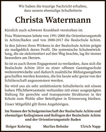 Traueranzeige von Christa Watermann von SYK