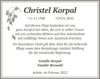 Traueranzeige von Christel Korpal von SYK