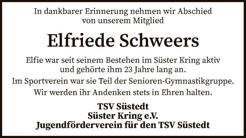  Traueranzeige für Elfriede Schweers vom 04.02.2022 aus SYK