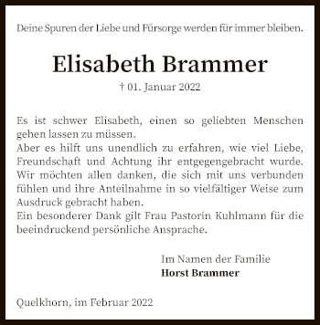 Traueranzeige von Elisabeth Brammer von SYK