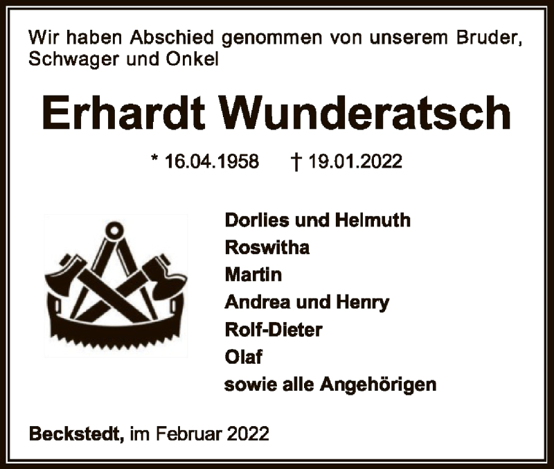  Traueranzeige für Erhardt Wunderatsch vom 12.02.2022 aus SYK